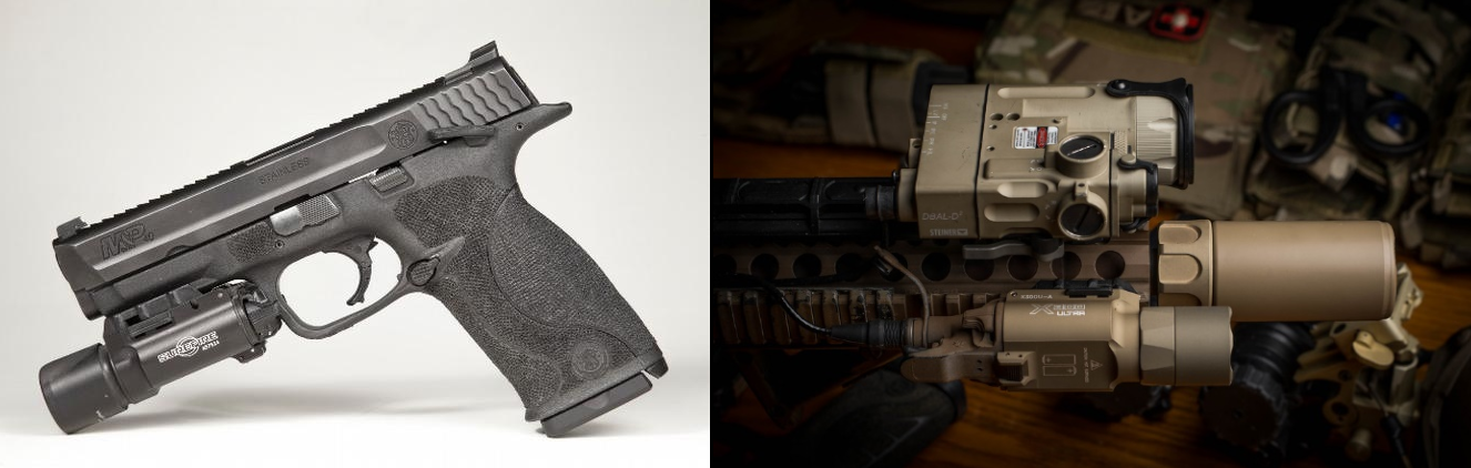 Svítilna Surefire X300 na pistoli S&W M&P (vlevo) a příslušenství na předpažbí útočné pušky (vpravo)