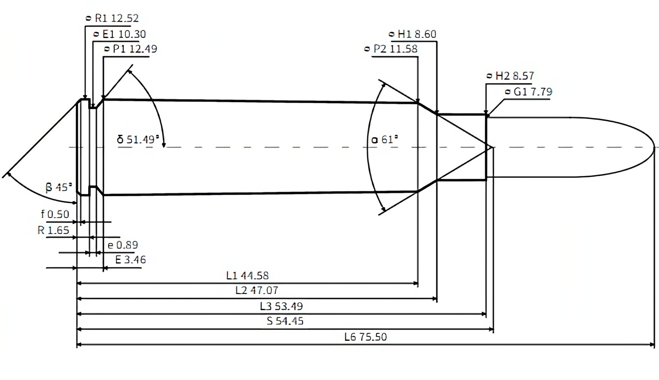 Nákres náboje ráže 7,5x55 SWISS