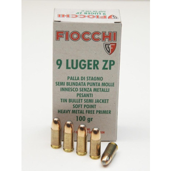 Pistolové náboje 9 mm Luger SN SJSP, 100 gr, 50ks, Fiocchi