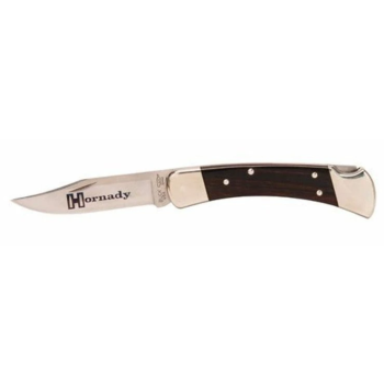 Zavírací nůž Buck 110, dřevěná střenka, kožené pouzdro, Hornady