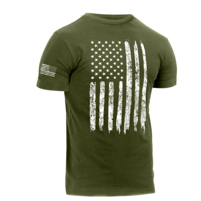 Tričko Distressed US Flag Athletic Fit, Rothco, olivové, 2XL
