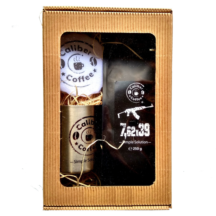 Dárkové balení kávy CALIBER COFFEE® 7,62x39 250g, nerez hrnek 0,3L s karabinou