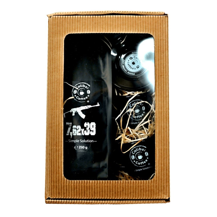 Dárkové balení kávy CALIBER COFFEE® 7,62x39 250g, 2x espresso smalt.hrnek