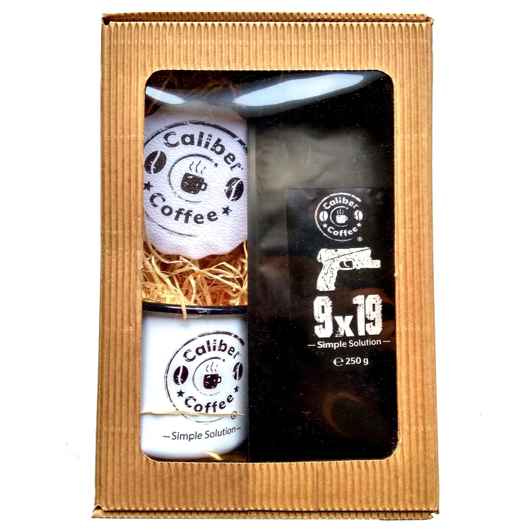 Dárkové balení kávy CALIBER COFFEE® 250g, hrnek a rozetky