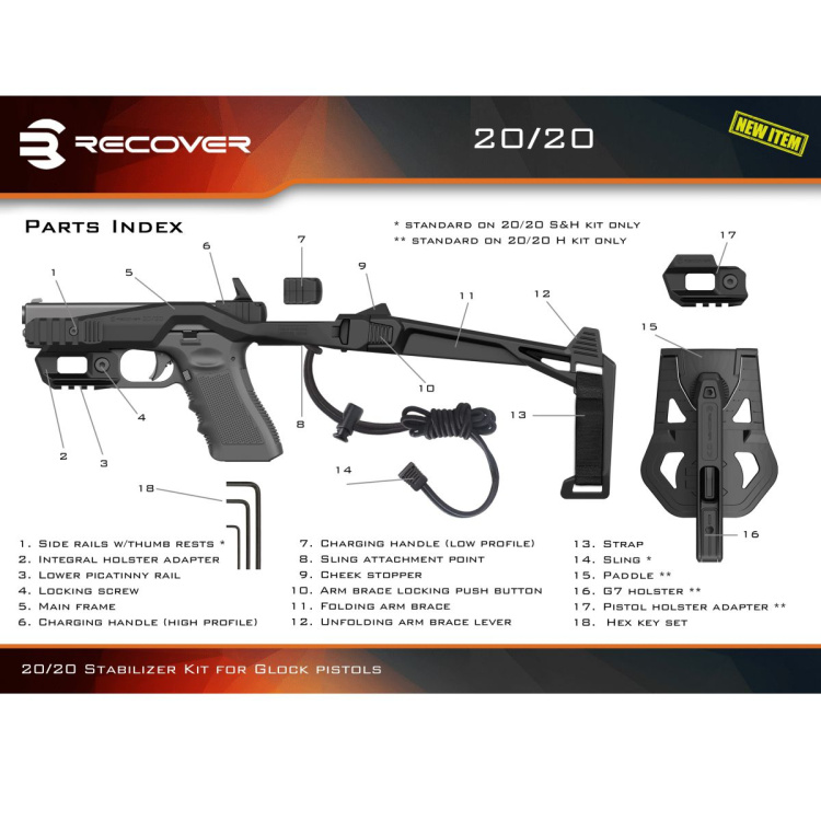 Konverze Recover pro pistole Glock, souprava s raily a popruhem, černá, Recover Tactical
