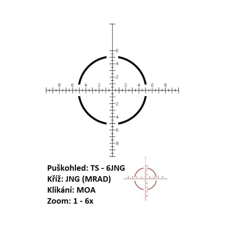 LPVO puškohled US Optics TS-6x - 1-6x24 mm, tubus 30 mm, FFP, JNG MIL (MRAD)