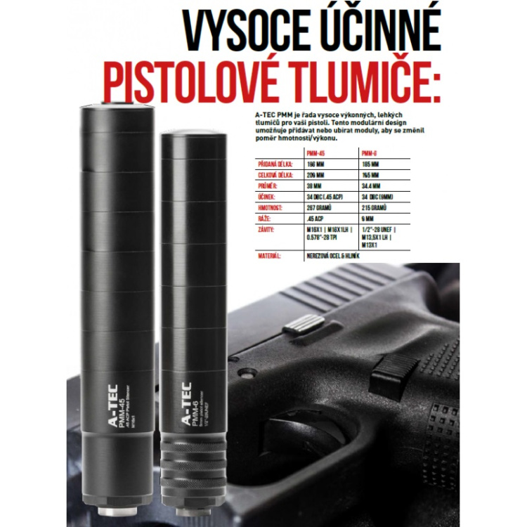 Modulový tlumič PMM-45, impulzní pro pistole, ráže .45 ACP, A-TEC