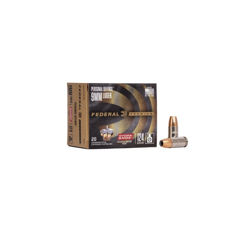 Pistolové náboje 9 mm Luger Personal Defense Hydra Shok JHP, 124 gr, 20 ks, Federal