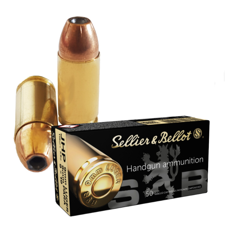 Pistolové náboje 9 mm Luger JHP, 124 gr, 50 ks, Sellier &amp; Bellot