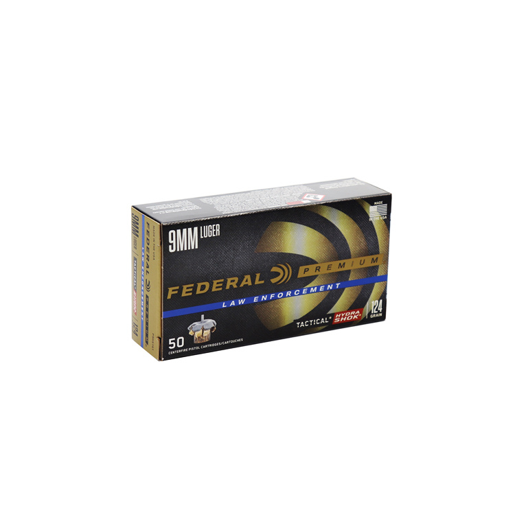 Pistolové náboje 9 mm Luger Premium Tactical Hydra Shok JHP, 124 gr, 50 ks, Federal