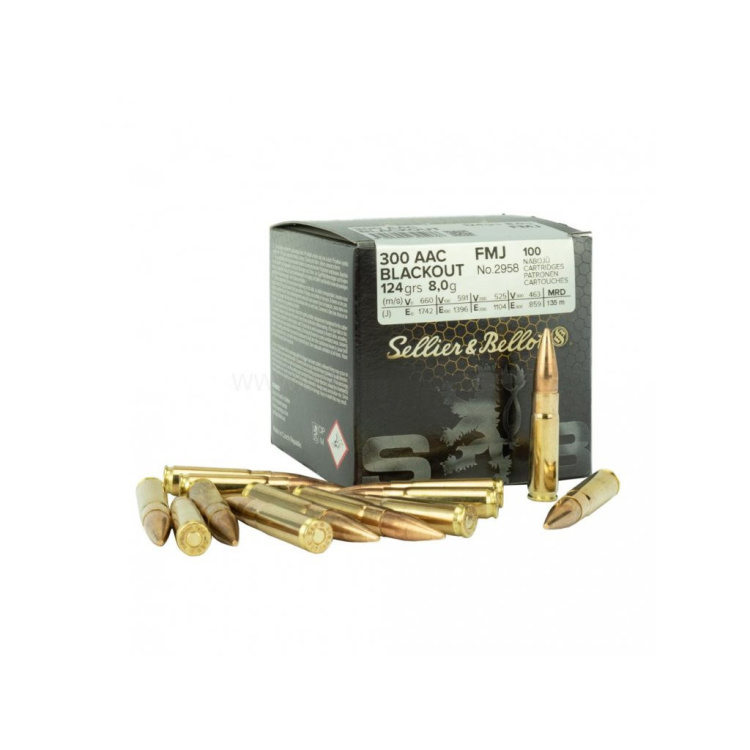 Puškové náboje 300 AAC Blackout FMJ, 124 gr, 100 ks, Sellier &amp; Bellot